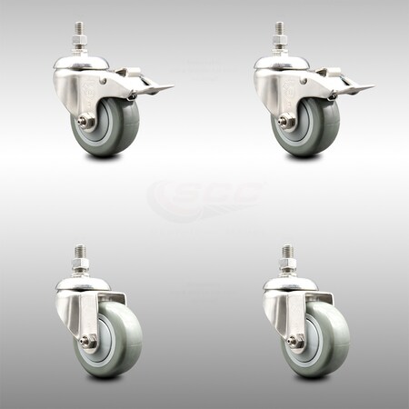 Service Caster 3 Inch 316SS Gray Polyurethane 12mm Threaded Stem Caster Lock Brake, 2PK SCC-SS316TSTTL20S314-PPUB-M1215-2-S2